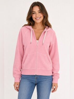 AERIE WOMEN PINK RIBBED LONG SLEEVE ZIP UP HOODIE JACKET WITH POCKETS SIZE SMALL